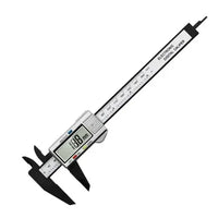 A compact plastic digital Vernier caliper resting on a white background, showing its measurement display.