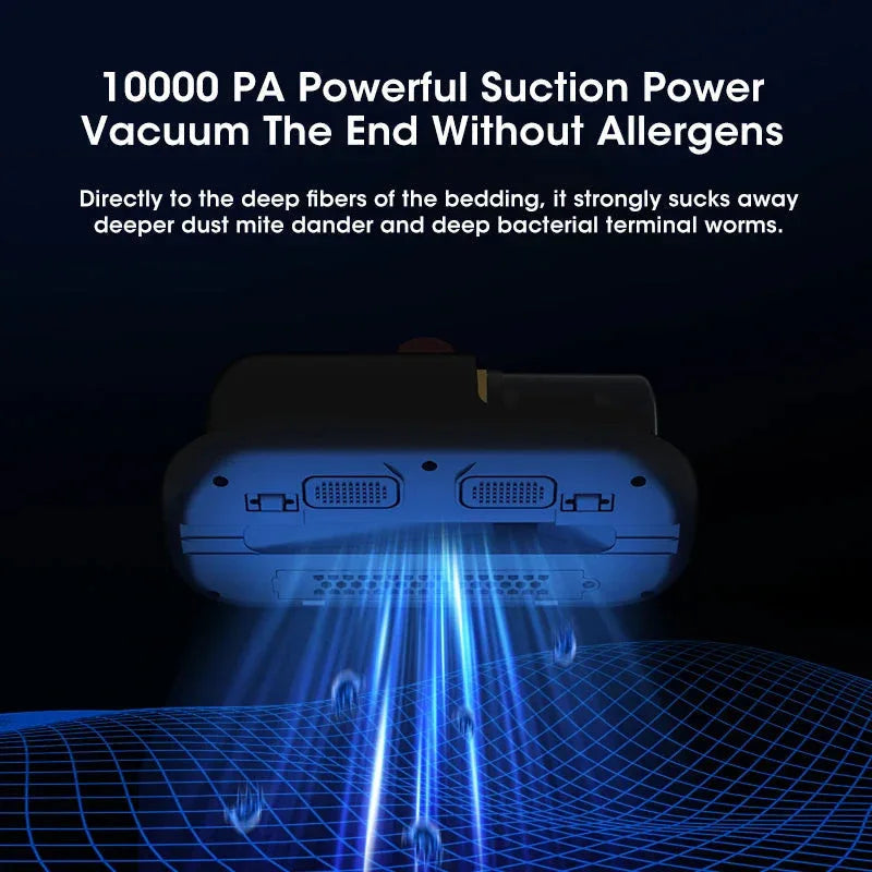 Vacuum cleaner being used on sofa upholstery highlighting dust mite removal function at home.