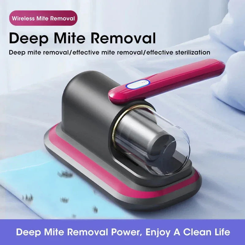 Close-up of the mattress vacuum cleaner's nozzle emitting UV-C light for sterilization and mite removal.