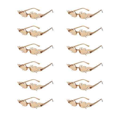 Set of 12 colorful flame-shaped sunglasses with gradient lenses arranged on a white background.