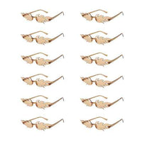 Set of 12 colorful flame-shaped sunglasses with gradient lenses arranged on a white background.