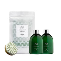 MASAMI Everything Shower Bundle with hydrating shampoo, conditioner, towel, and scalp scrubber on white background
