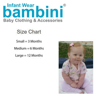 Size chart for baby sleep and play long johns with measurements for small, medium, and large.