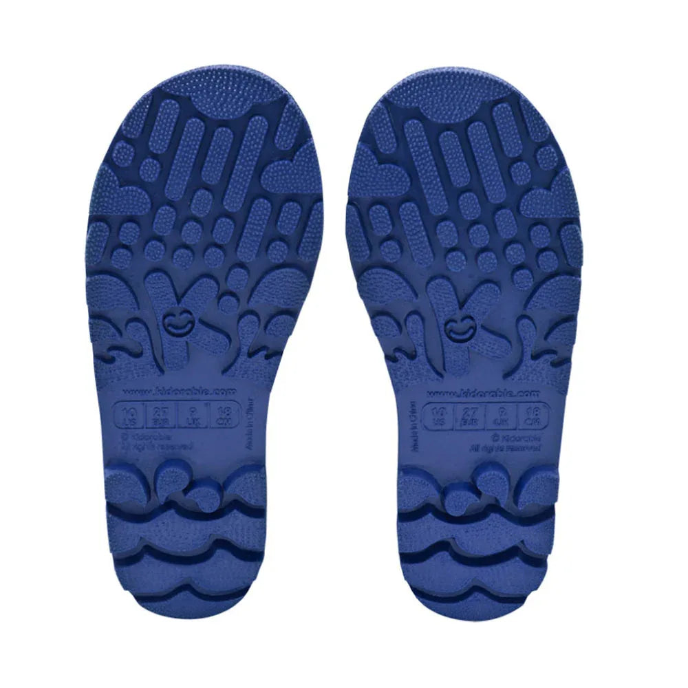 Non-slip sole of children’s rain boots with tread pattern for safety in wet weather.