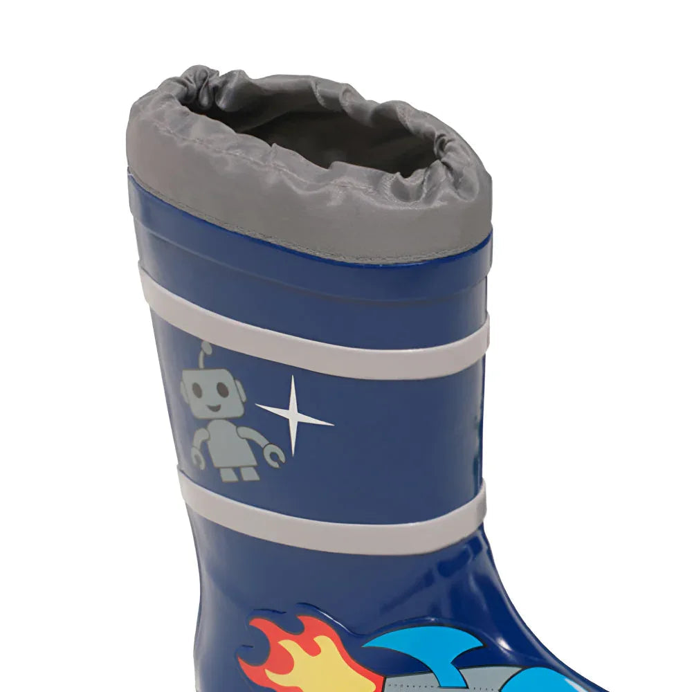 Top view of kids' rain boots revealing bright printed cotton lining with space designs.