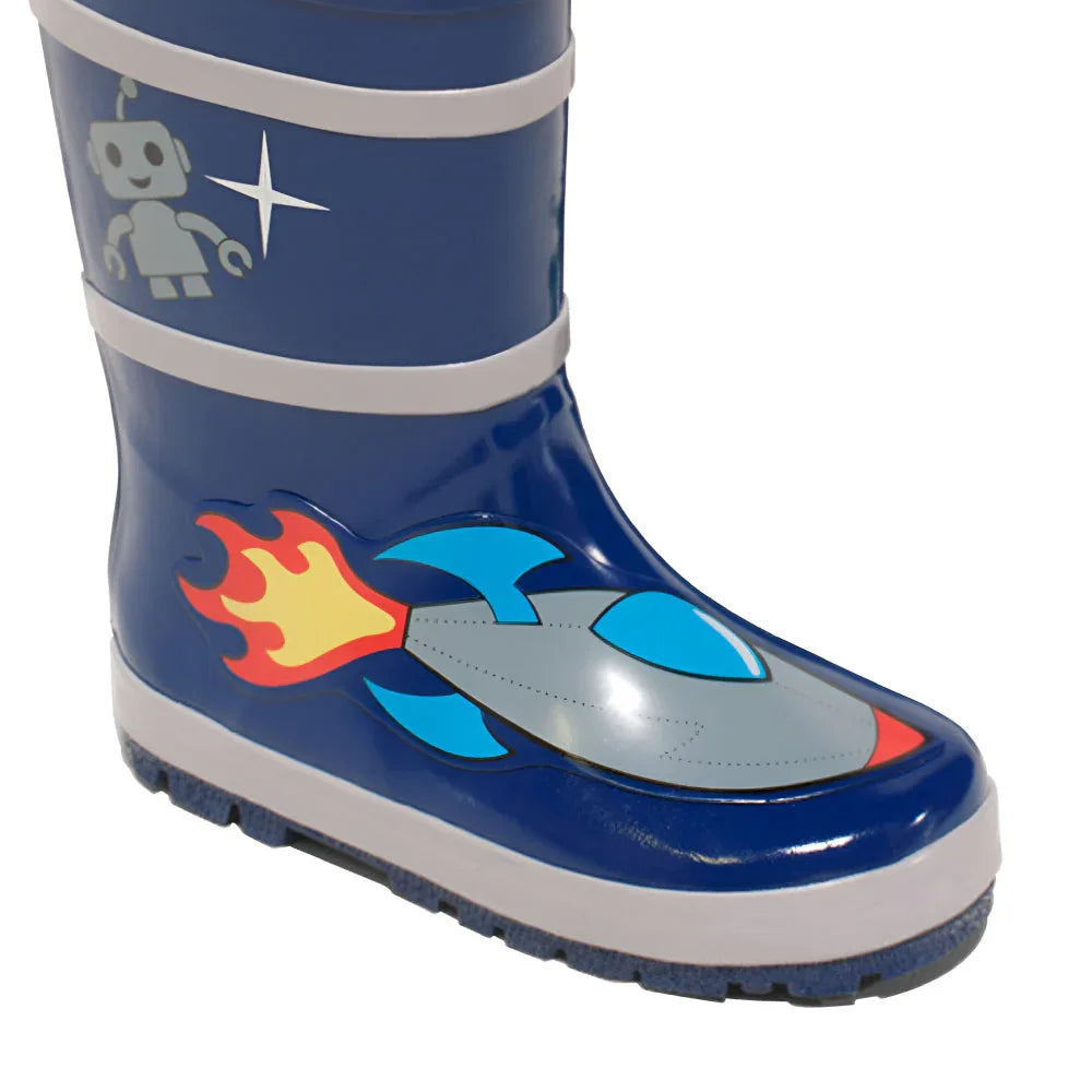Front view of space hero rain boots showing alien and spaceship patterns on natural rubber.