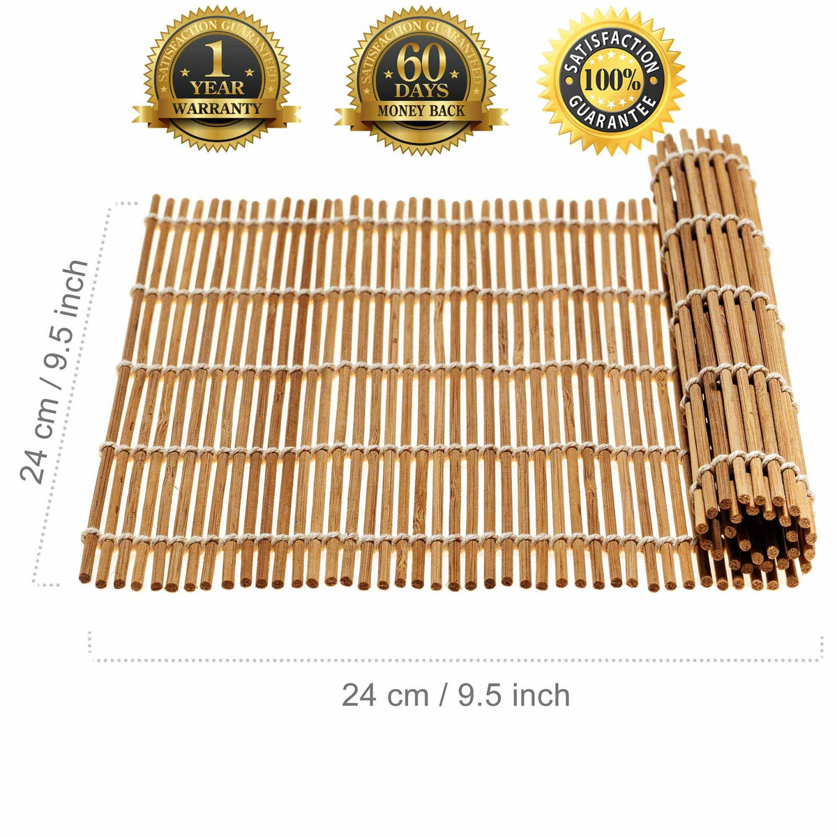 Two bamboo sushi rolling mats and five pairs of chopsticks displayed neatly on a white background.