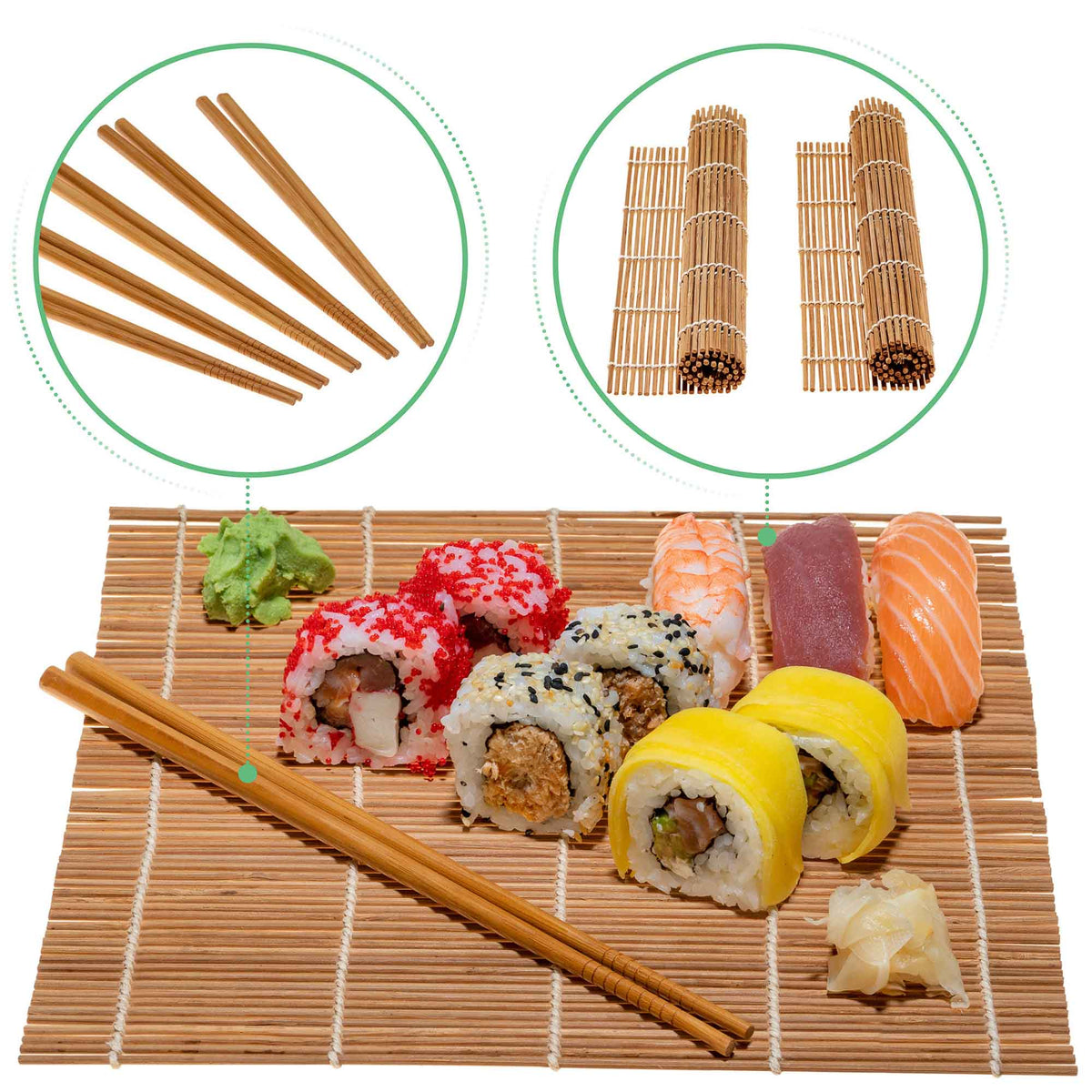 Bamboo sushi kit components including mats and chopsticks shown with sushi ingredients nearby.