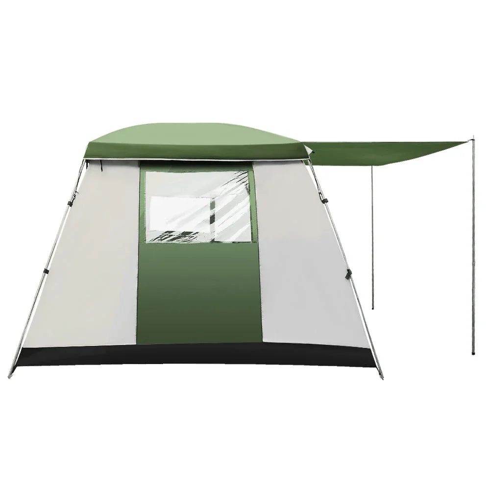 Weisshorn camping tent with entrance shade awning open on a sunny day in an outdoor setting.