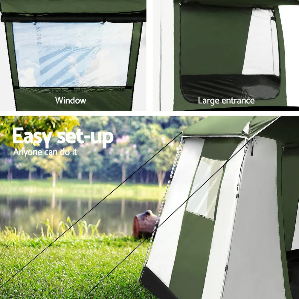 Side exterior view of the spacious Weisshorn 6-person pop-up camping tent with windows.