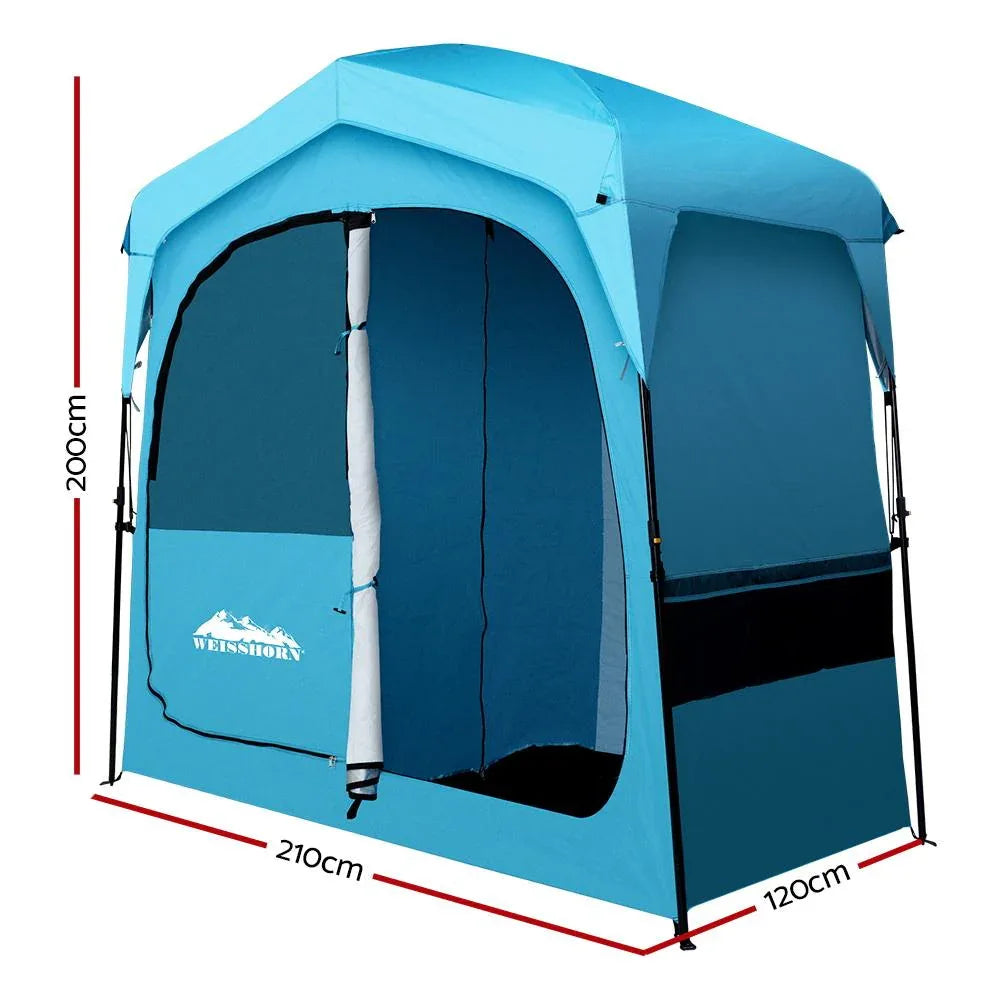 Side view of Weisshorn portable shower tent with mesh window for ventilation outdoors on a sunny day.