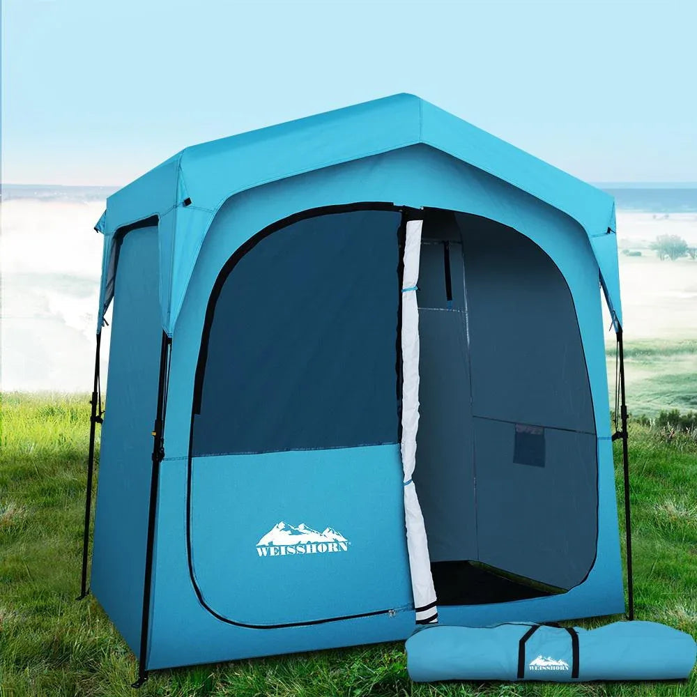 Weisshorn camping tent used as a portable toilet enclosure showing privacy and convenience features.