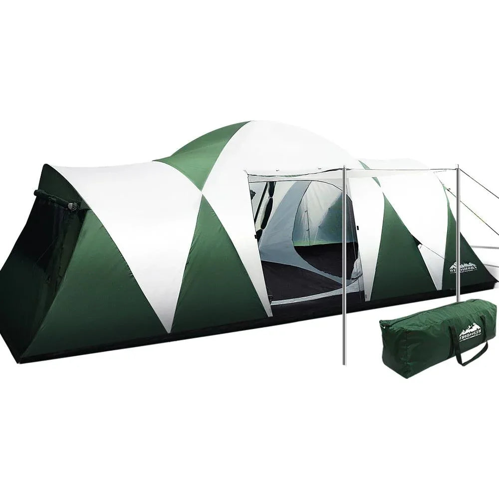 Weisshorn 12-person dome camping tent set up in a sunny grassy area with spacious three-room design.