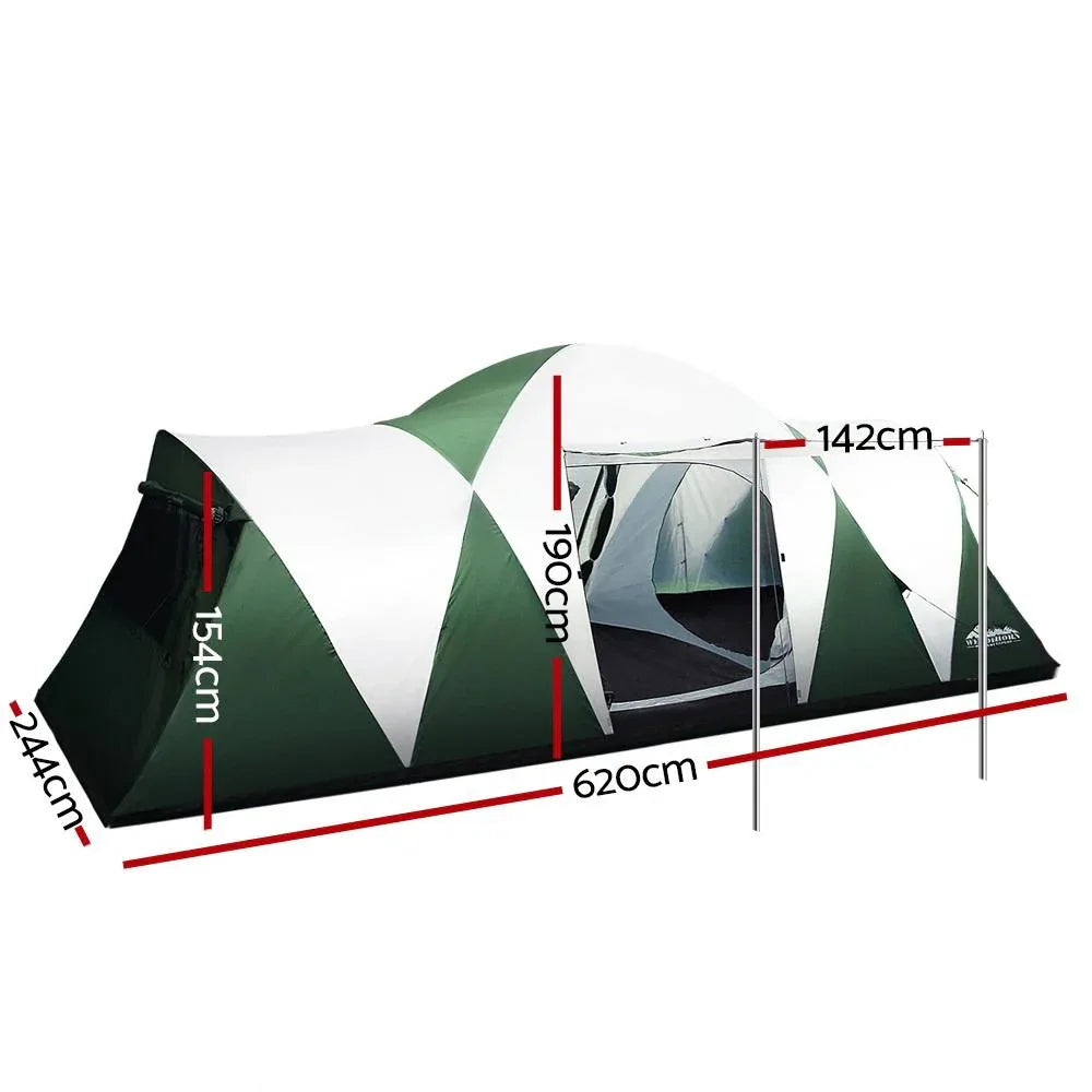 Close-up of tent interior showing large central living space with two side sleeping rooms.