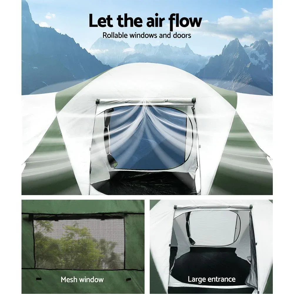 Inside view revealing elevated seams and heavy-duty flooring of the Weisshorn dome tent.