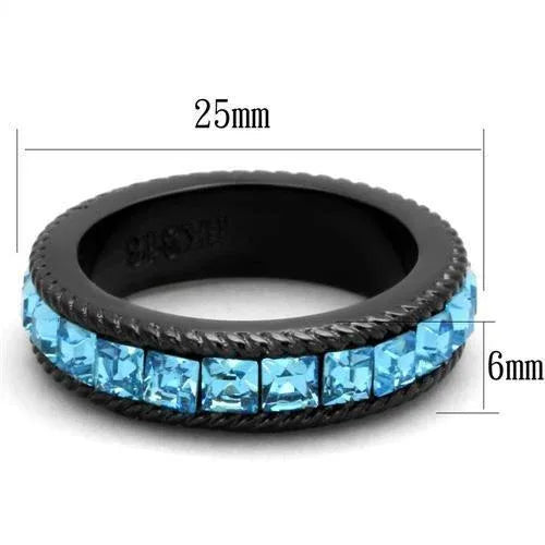 Side angle of black ion plated stainless steel ring showcasing sea blue crystal centerpiece.