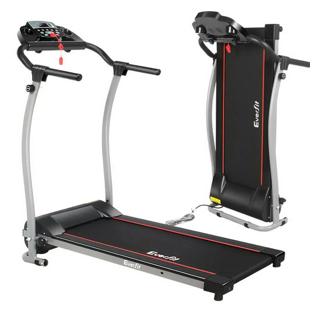 Side view of Everfit electric treadmill in black with handrails and digital display.
