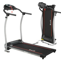 Side view of Everfit electric treadmill in black with handrails and digital display.
