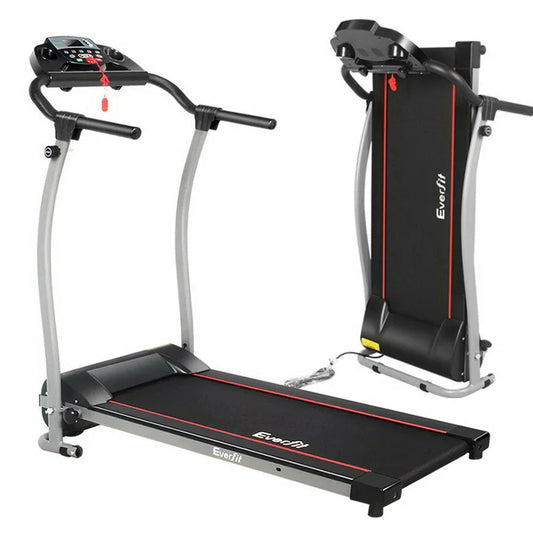 Side view of Everfit electric treadmill in black with handrails and digital display.