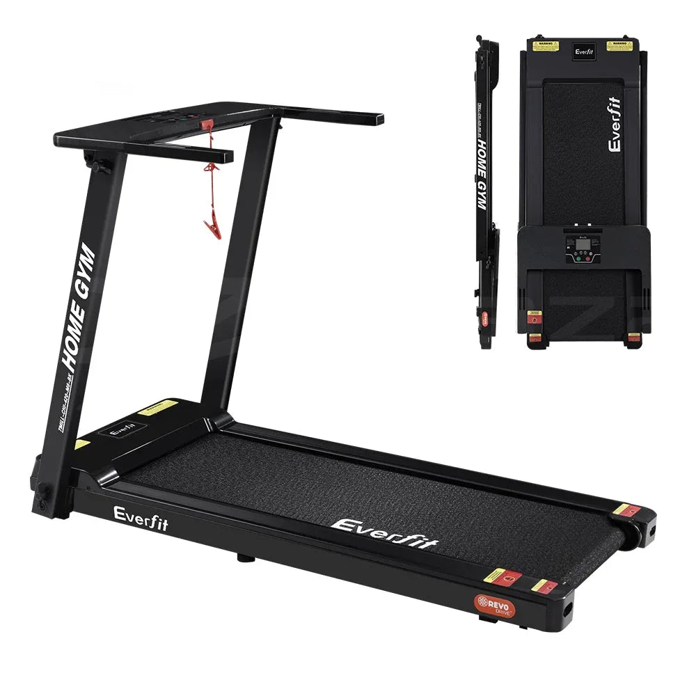 Side view of Everfit Electric Treadmill showing sleek black frame and running belt.