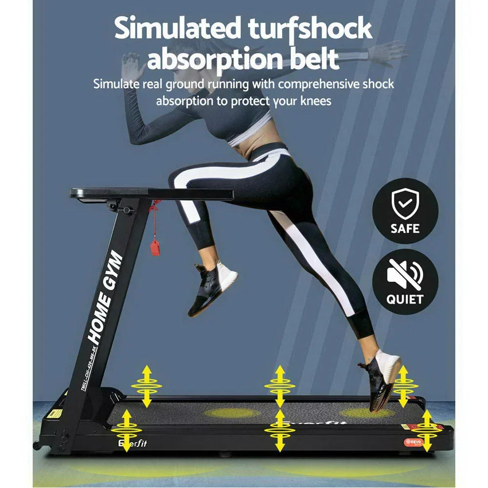 Treadmill displaying the running belt in motion on a clean floor.