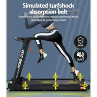Treadmill displaying the running belt in motion on a clean floor.