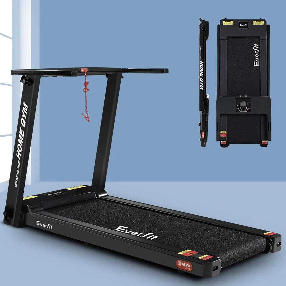 Side profile of treadmill set up in a modern home gym setting.