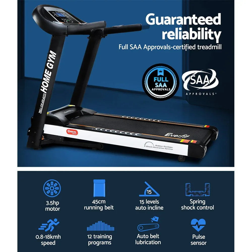 Top angled view of treadmill belt and control panel with preset fitness programs.