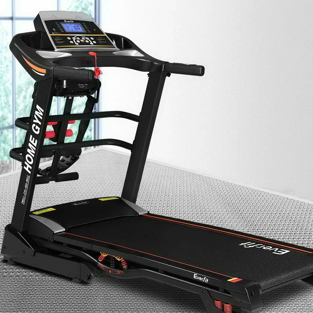 Treadmill full view showing sleek design and sturdy base on white background