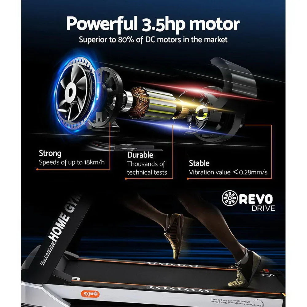 Rear angle view of treadmill showcasing anti-slip belt and structural design