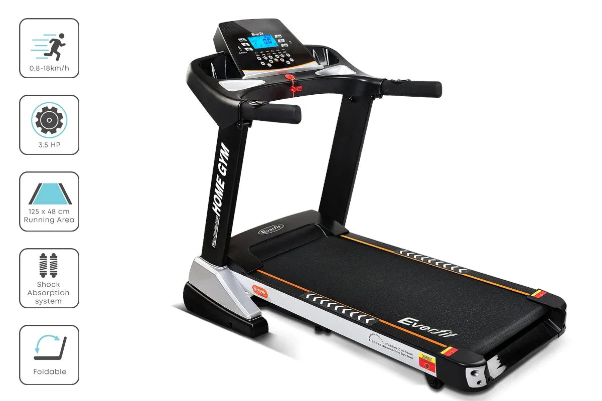 Full electric treadmill setup in a home gym environment with wooden floor