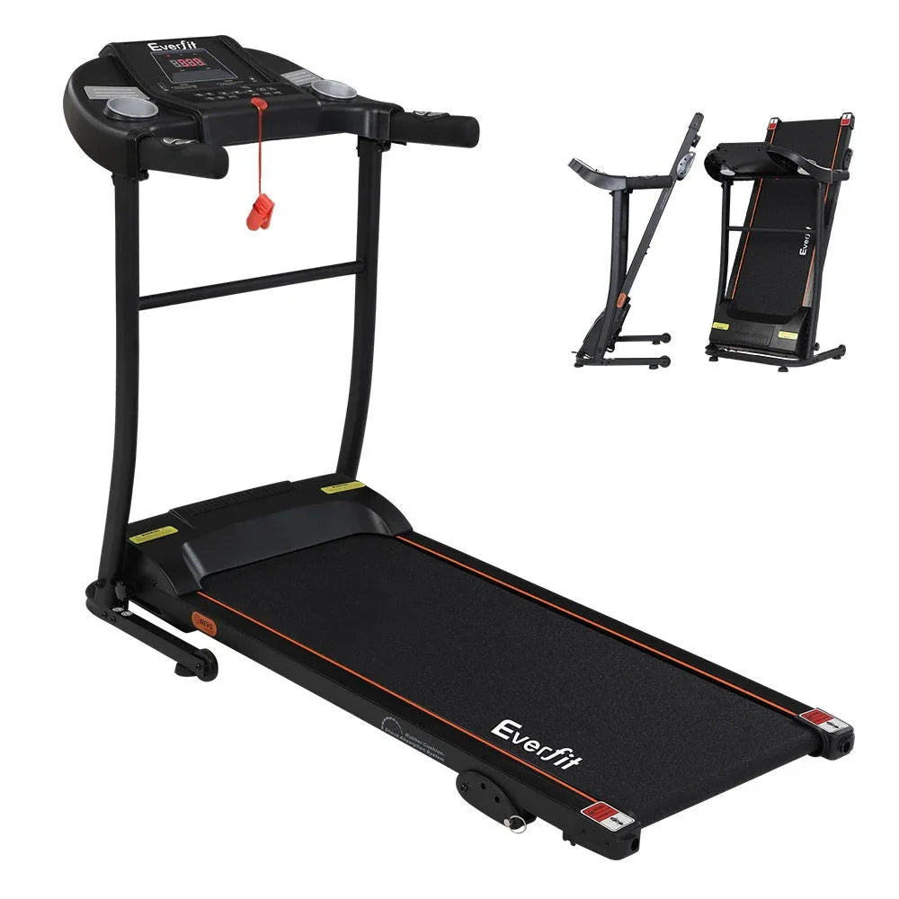 Everfit Electric Treadmill showing side view with black and gray design on white background.