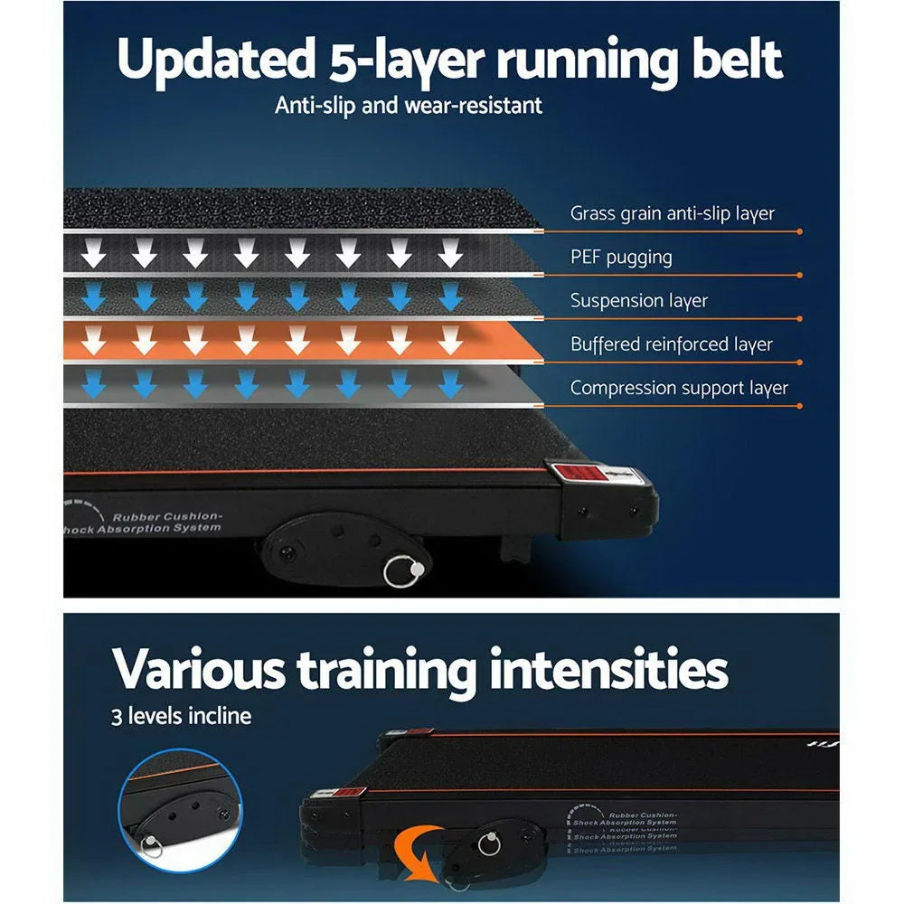 Top-down view of electric treadmill highlighting running surface and motor housing.