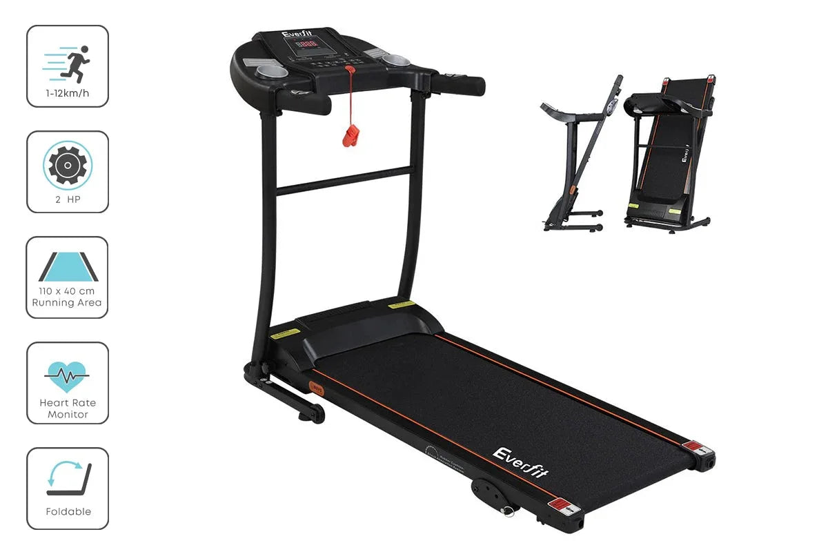 Everfit treadmill folded for compact storage in a home setting.