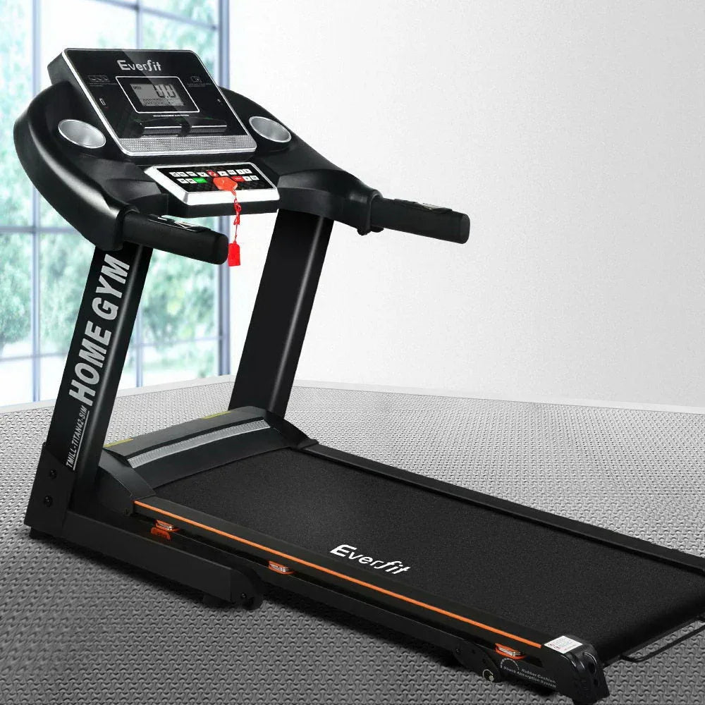 Close-up of treadmill running belt texture and steel frame detail