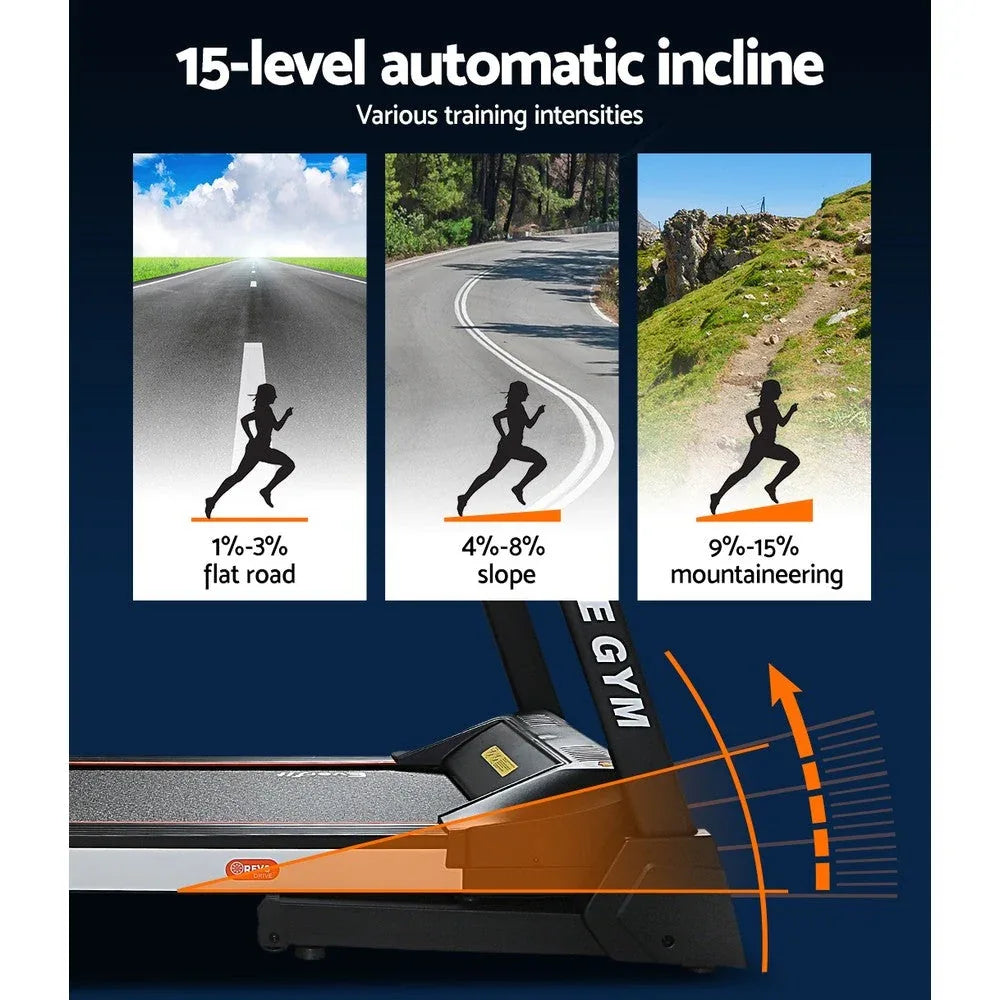 Folded Everfit Electric Treadmill for easy storage against wall