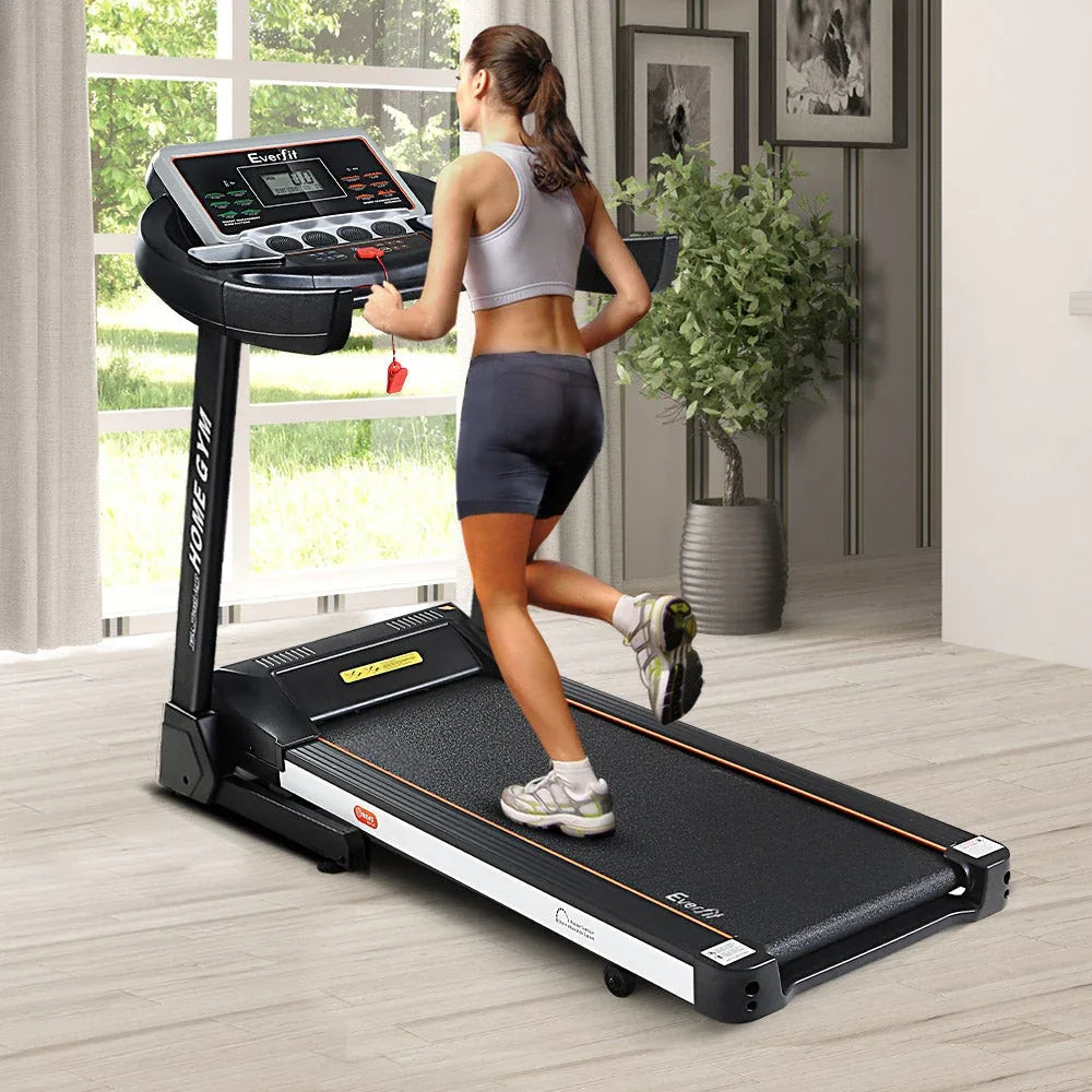 Everfit Electric Treadmill in modern home gym setup with wooden floor