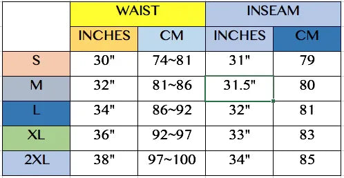 Size chart for track pants showing measurements in inches.