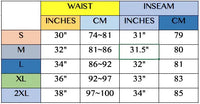 Size chart for track pants showing measurements in inches.