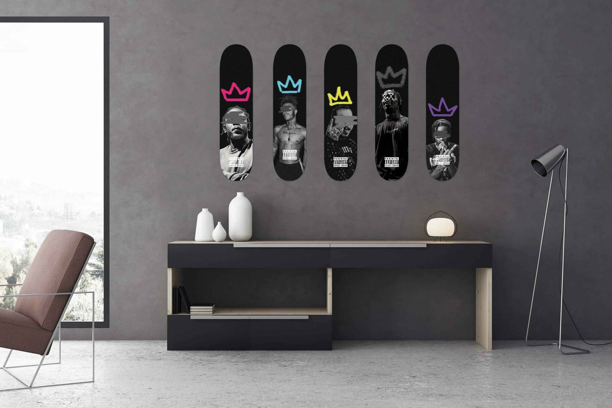King Travis Skateboard deck backside displaying bold, stylized graphics.