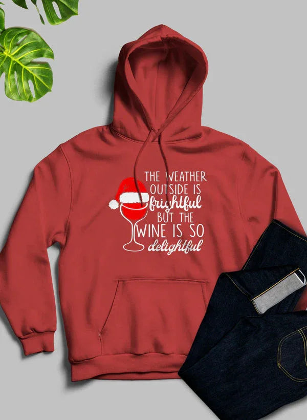 Front view of a grey hoodie with snowy mountain and text design, cozy fleece lining visible inside hood.