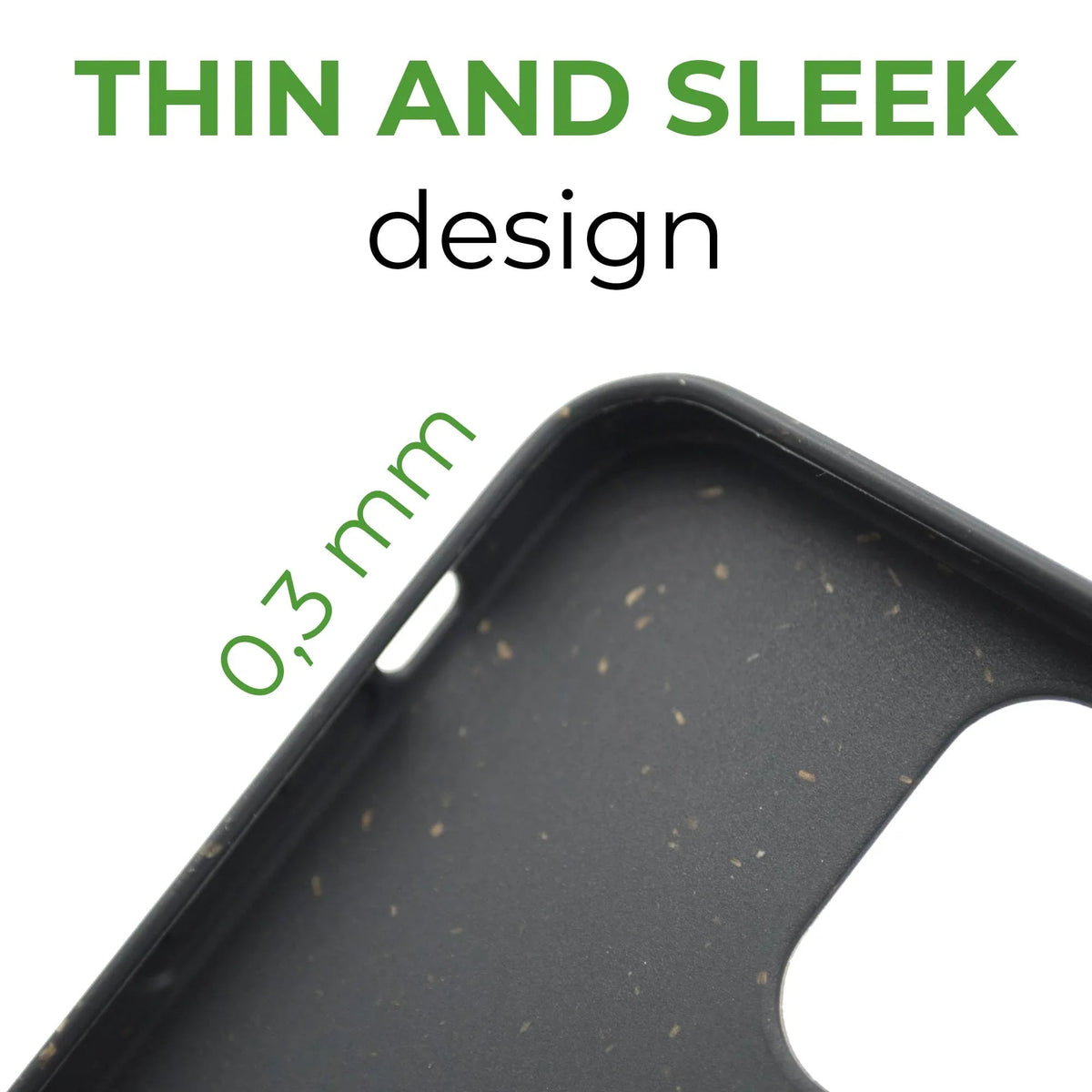 Thin compostable phone case emphasizing eco-friendly materials and slim profile.