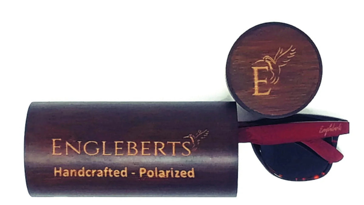 Back of bamboo tortoise sunglasses showing engraved artisan detail on the frame.