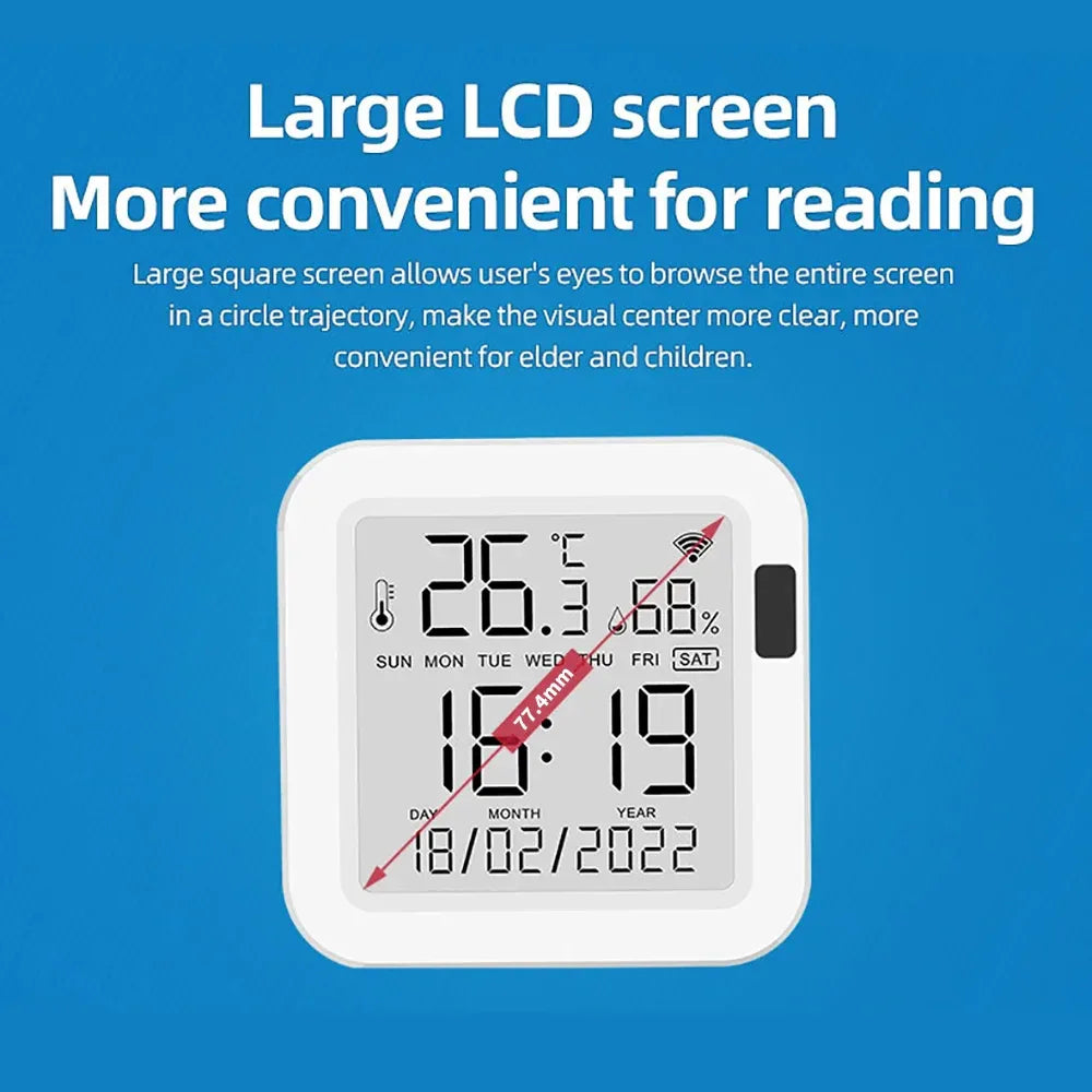 Smart sensor with backlit LCD screen showing numerical humidity and temperature readings.