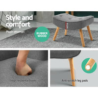 Angled view of grey armchair and ottoman highlighting wooden leg detail