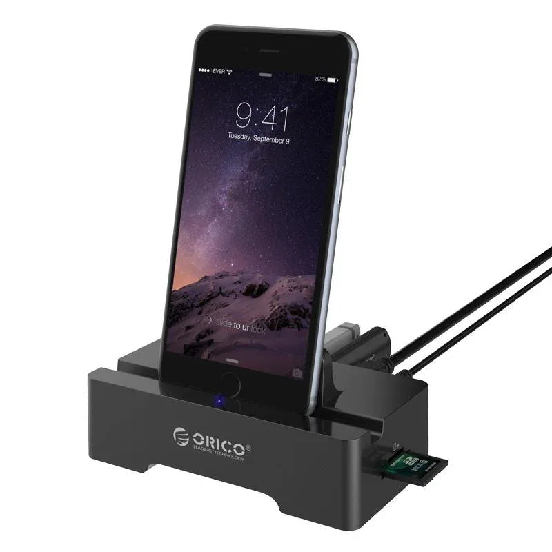 ORICO 3 Port USB2.0 docking station with SD and micro SD card reader in black, shown from front angle