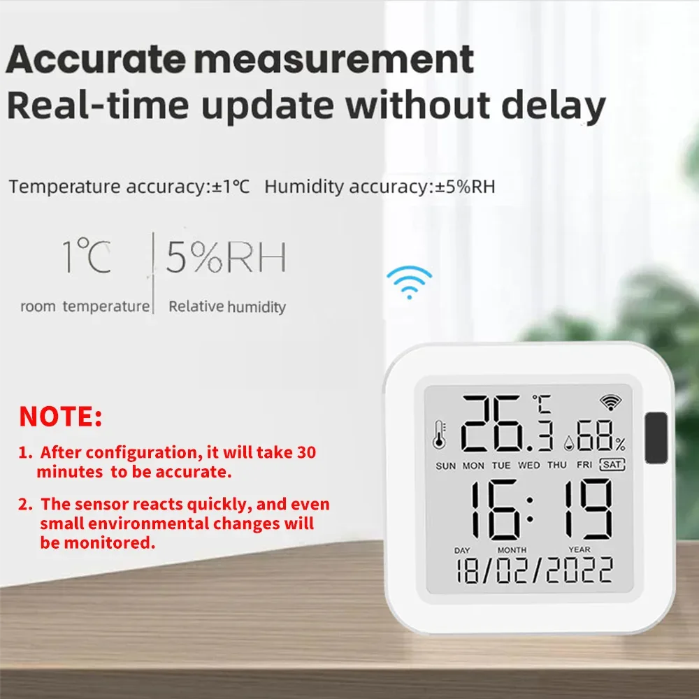 Smart sensor placed next to a smartphone displaying temperature and humidity monitoring app.