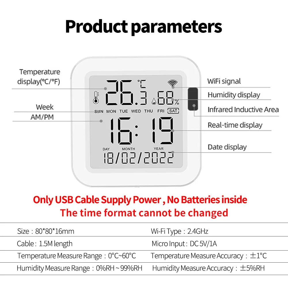 Smart sensor USB powered with backlit screen showing current temperature and humidity levels.