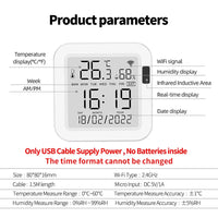Smart sensor USB powered with backlit screen showing current temperature and humidity levels.