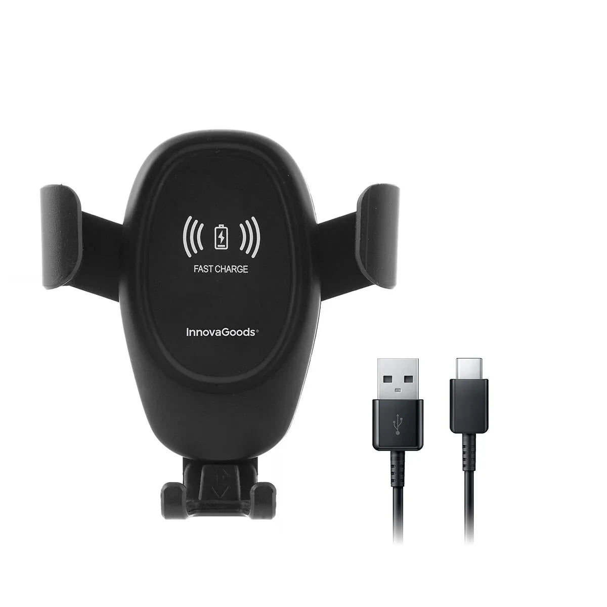 Mobile phone holder with wireless charger displayed against white background, front angle.